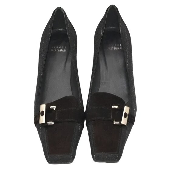 Stuart Weitzman Charcoal Gray Pinstripe Wool Suiting Leather Dress Heels 8.5 - Picture 3 of 8